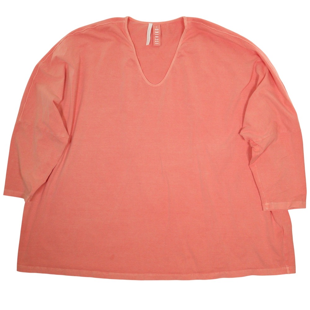ISCHIKO Top Oversized Lagenlook V-Neck Stretch Cotton Salmon Pink Women 2